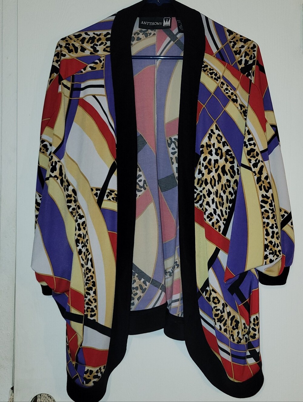 Antthony Multi-Color Open-Front Patterned Cardigan with Black Trim